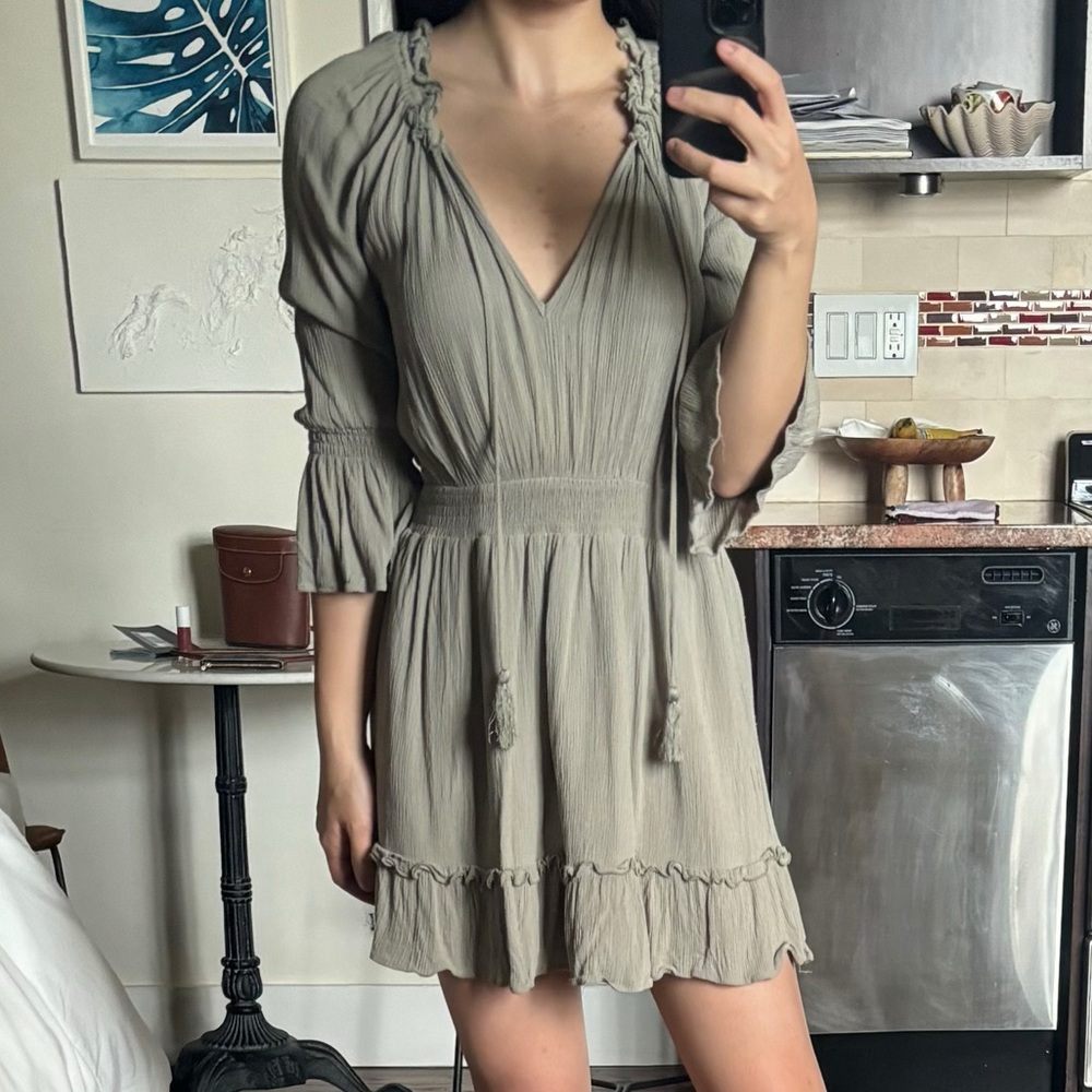 F21 Sage Green V-Neck Gauze Flounce Hem Ruffle Peasant Dress